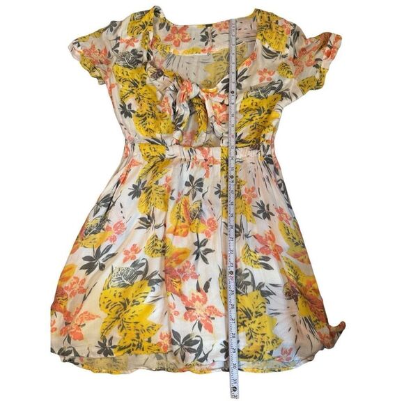 Free People Part Time Lover Floral Tie Front Mini Dress Sz 4 yellow gray - Picture 8 of 10